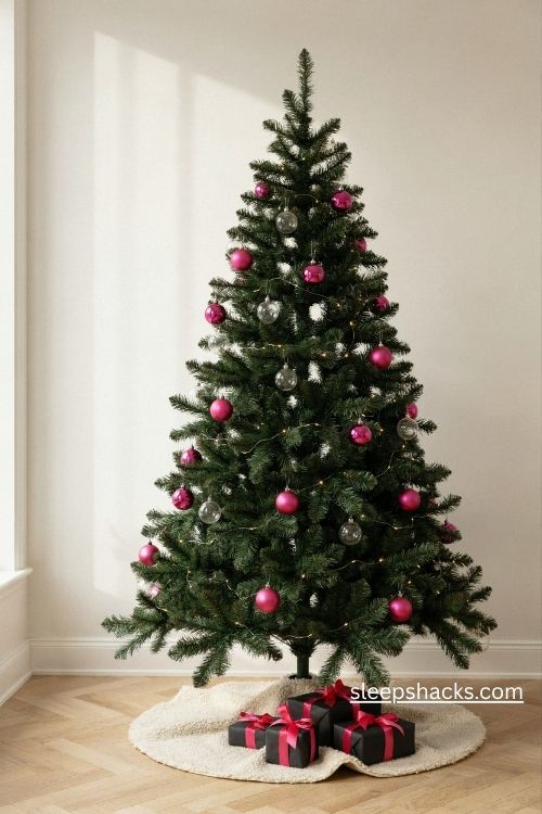 Black christmas tree with hot pink ornaments and warm white lights against a light wall