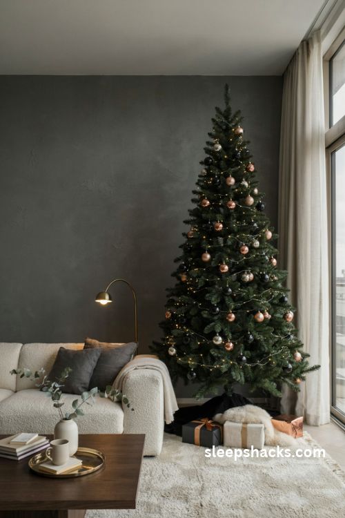 Black christmas tree with metallic gold copper ornaments warm white lights and luxurious velvet tree skirt