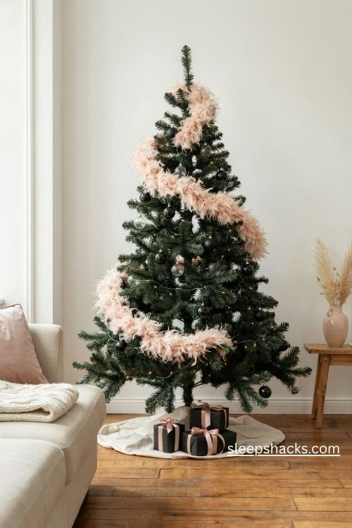 Black christmas tree wrapped in a fluffy pink feather boa with elegant glass ornaments