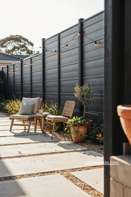 Black corrugated metal fence with modern patio furniture plants and string lights