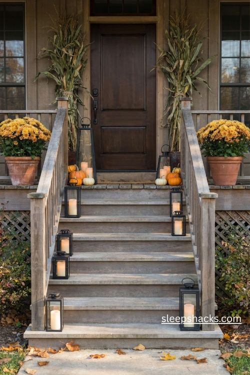 Black metal lanterns on porch steps with pumpkins and golden fall mums 
