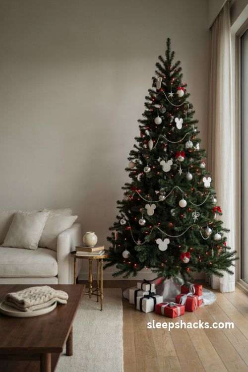Black mickey mouse christmas tree with red lights and white silver ornaments