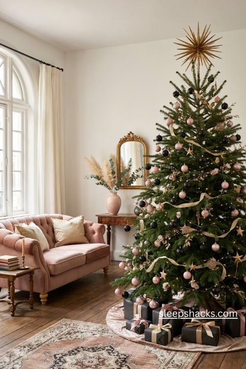 Black pink and antique gold christmas tree with a glamorous starburst topper