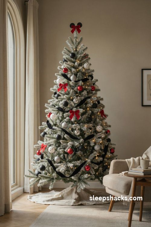Black white and red minnie mouse christmas tree with velvet ribbon polka dot ornaments and bold red bows