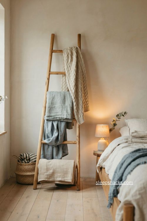 Blanket ladder ideas for guest room storage with cozy throws and quilts