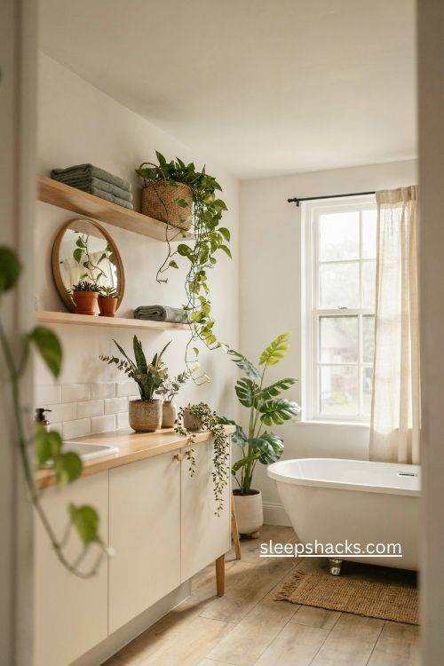 Bloxburg bathroom ideas with plants and layered greenery