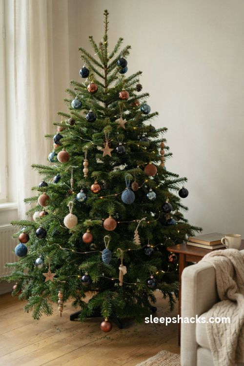Blue and brown Christmas tree with matte glossy velvet and wooden ornaments in mixed textures