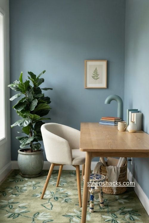 Blue and green home office with leafy plants patterned stool and calming decor