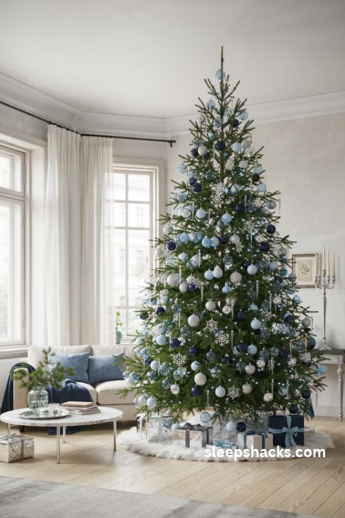 Blue and silver Christmas tree with icy ornaments snowflakes and frosty winter decorations