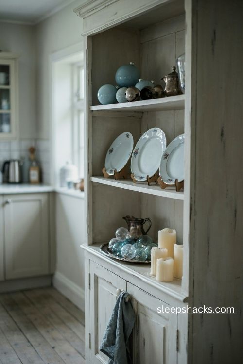 Blue and silver christmas hutch decorating ideas with pale blue plates vintage ornaments and white candles