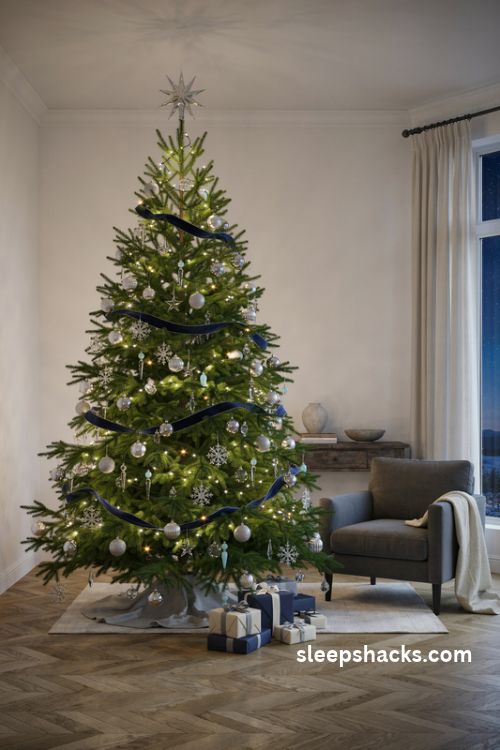 Blue and silver christmas tree with navy velvet ribbon snowflakes and glass icicle ornaments