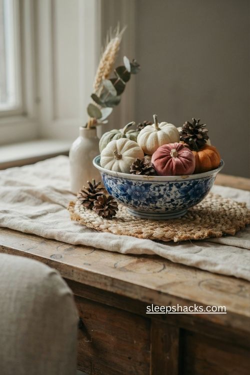 Blue and white bowl of pumpkins with pinecones for fall decor