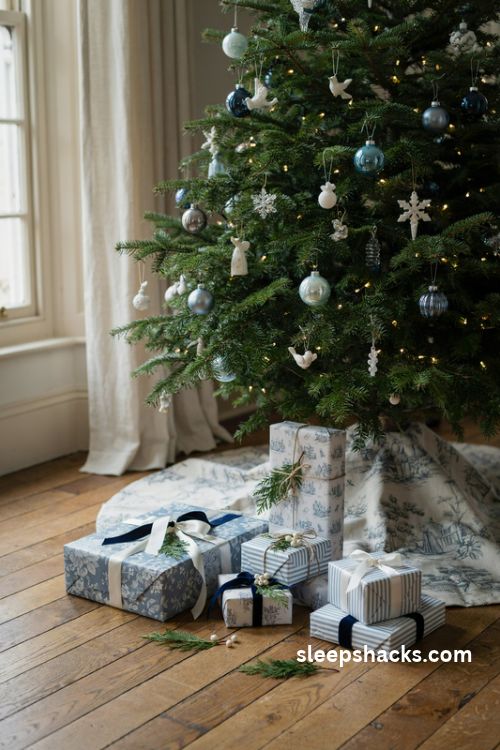 Blue and white chinoiserie Christmas gift wrapping with navy ribbons and elegant presents under the tree
