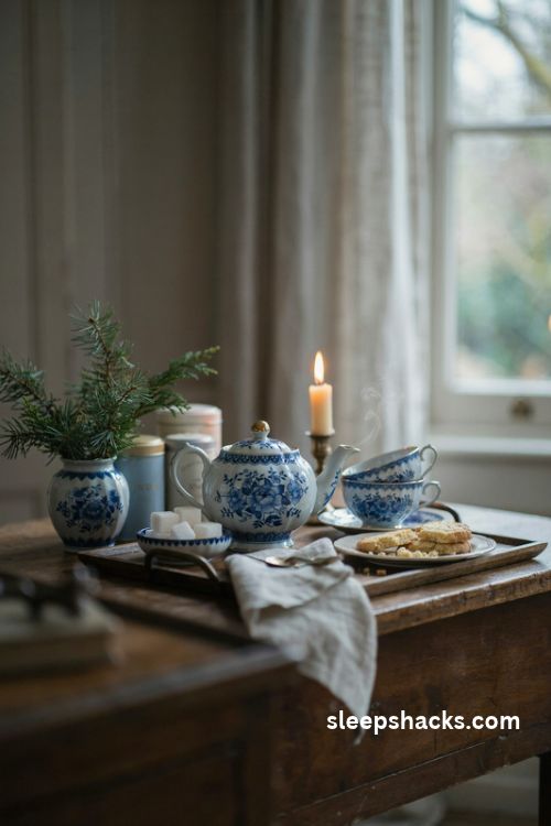Blue and white chinoiserie Christmas tea station with porcelain teapot cups shortbread and fresh greenery