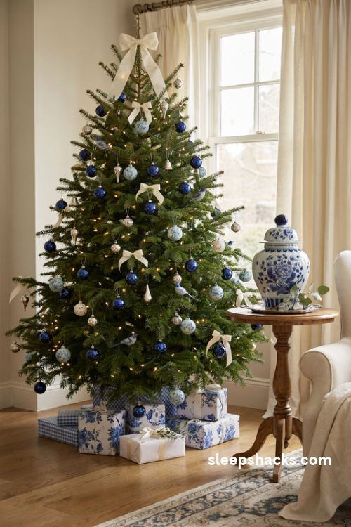 Blue and white chinoiserie Christmas tree with satin bows and elegant porcelain inspired ornaments