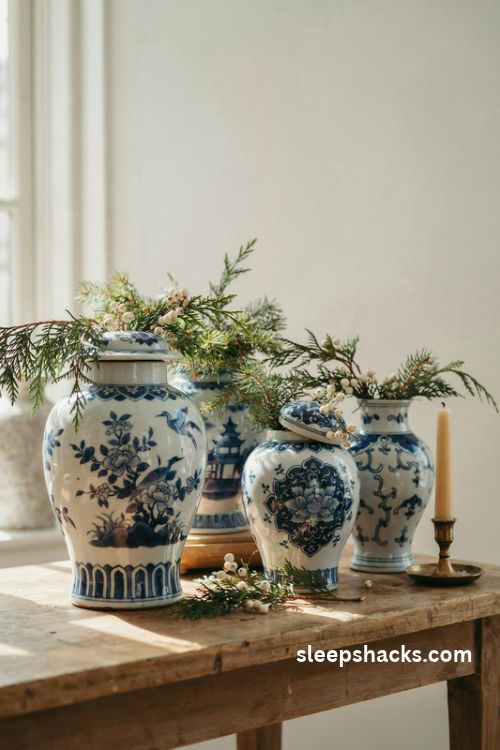 Blue and white chinoiserie ginger jars filled with fresh Christmas greenery on a vintage mantel