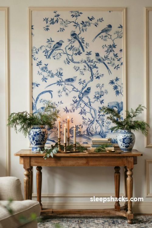 Blue and white chinoiserie peel and stick wallpaper panels behind a Christmas mantel with ginger jars and greenery