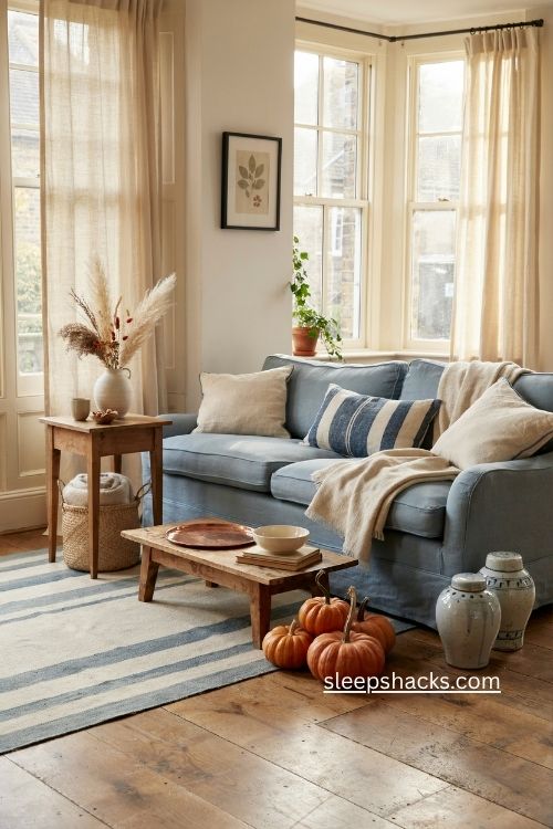 Blue and white fall decor with burnt orange pumpkins and copper accents