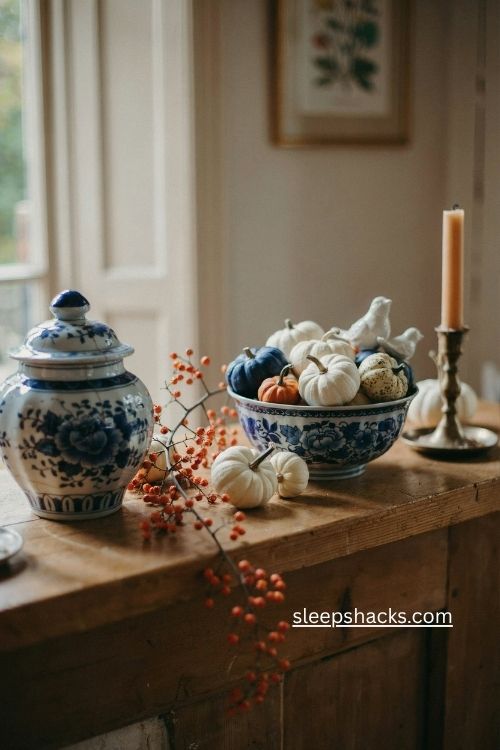 Blue and white fall mantel with mini pumpkins and bittersweet vines