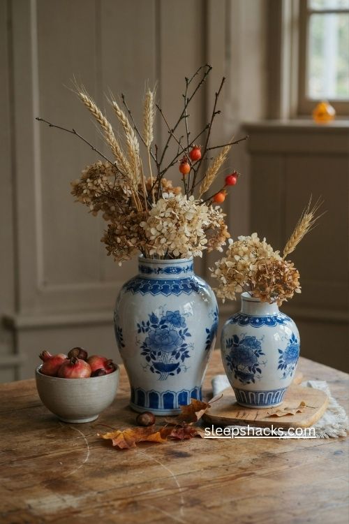 Blue and white ginger jar fall decor with dried stems and orange pomegranates