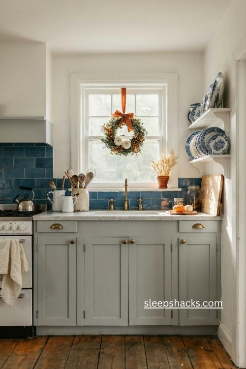 Blue and white kitchen window fall wreath with white pumpkins and orange bittersweet