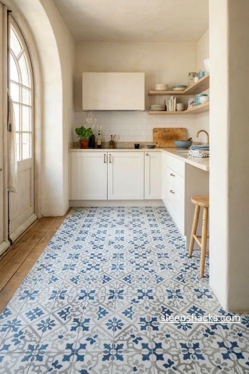 Blue and white patterned kitchen floor tiles with simple white cabinets and warm wood accents