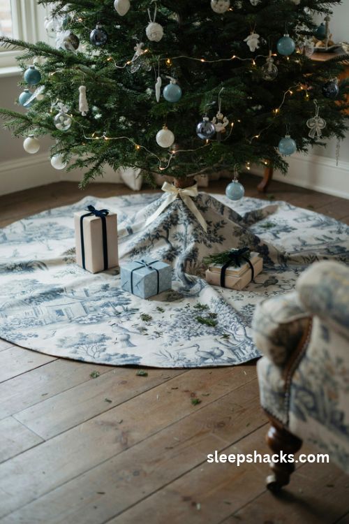 Blue and white toile Christmas tree skirt with elegant wrapped gifts and chinoiserie ornaments