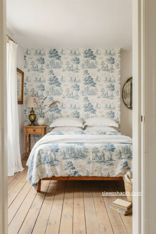 Blue and white toile vintage bedroom with floral bedding wood nightstand and French country charm