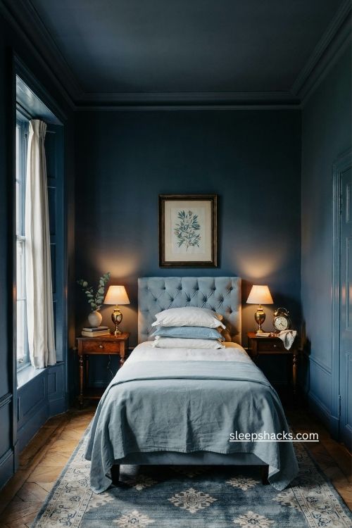 Blue black bedroom colour ideas with crisp bedding soft blue accents and cozy night mood 