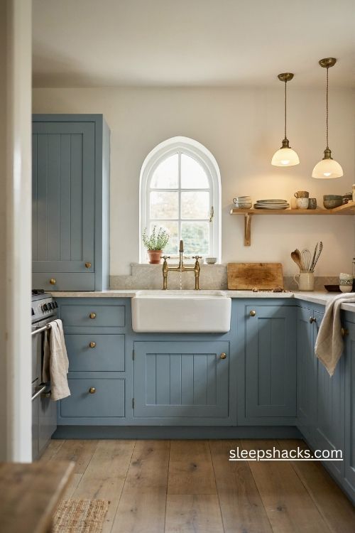 Blue kitchen cabinets with brushed brass hardware and matching warm metal accents