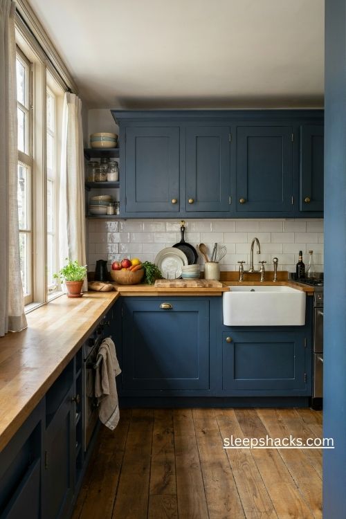 Blue kitchen cabinets with warm butcher block countertops and natural wood accents