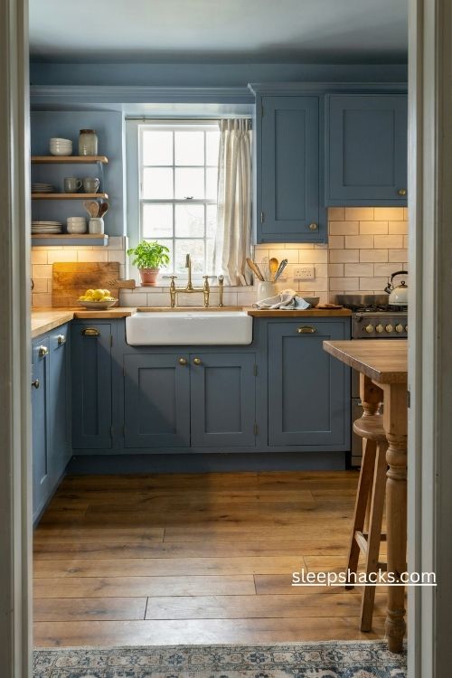 Blue kitchen cabinets with warm wood countertops and cozy farmhouse details