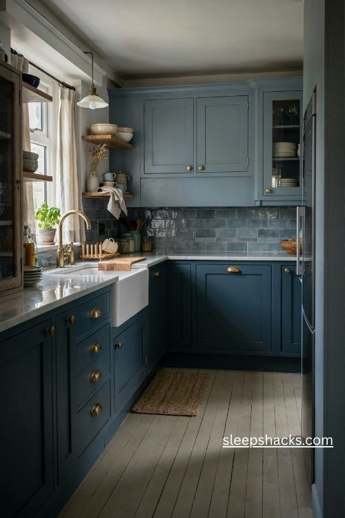 Blue on blue kitchen with dusk blue upper cabinets and midnight navy lower cabinets