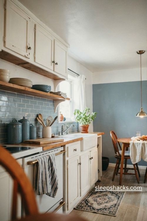 Blue renter friendly kitchen decor with removable backsplash and simple budget accents