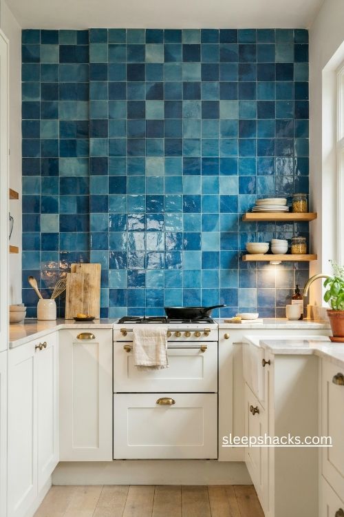 Blue tile kitchen backsplash with white cabinets and warm wooden open shelves