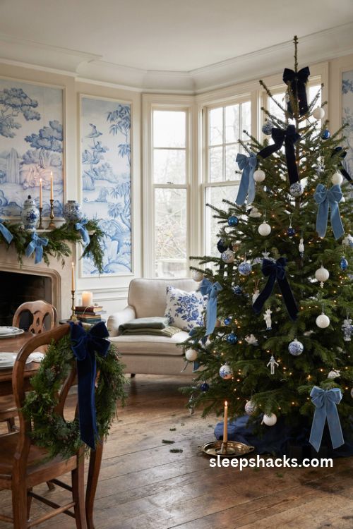 Blue velvet ribbon chinoiserie Christmas tree with porcelain ornaments and elegant evergreen garlands