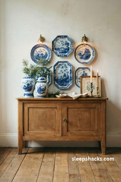 Blue willow plates on the wall with chinoiserie Christmas greenery and a vintage wooden sideboard