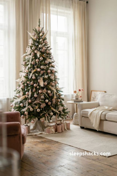 Blush and silver christmas tree with pink ornaments clear glass baubles and elegant satin ribbon
