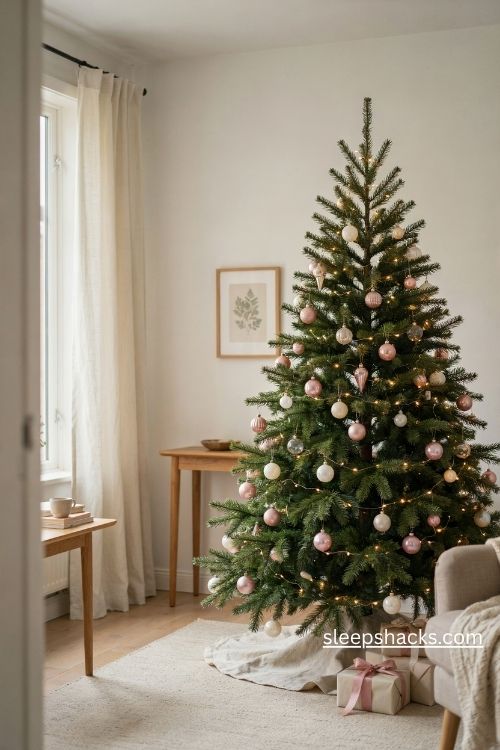 Blush and white christmas tree decorations with pearl ornaments and warm lights