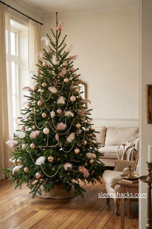 Blush feather and pearl christmas tree with champagne gold ornaments and romantic vintage elegance
