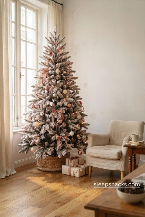 Blush flocked Christmas tree with cream rose gold and sage green ornaments
