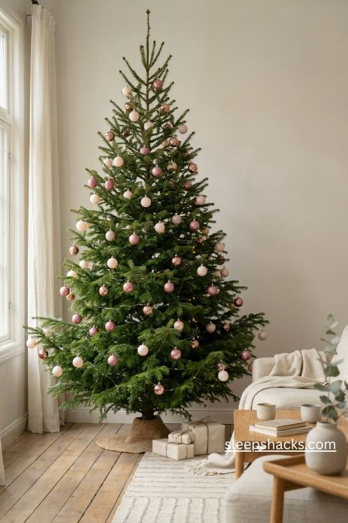 Blush pink Christmas tree ornaments arranged in clusters on natural green branches