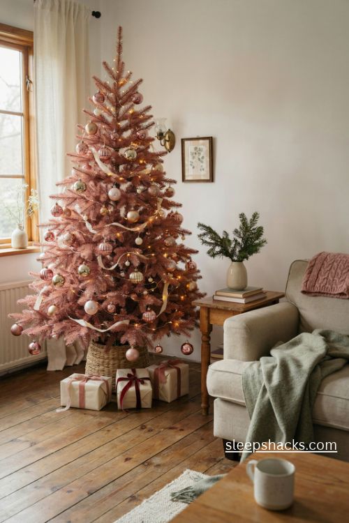 Blush pink Christmas tree with gold ornaments in a cozy neutral living room