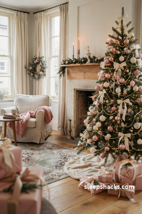 Blush pink Christmas tree with white pearl garlands glass ornaments and satin bows in a cozy living room