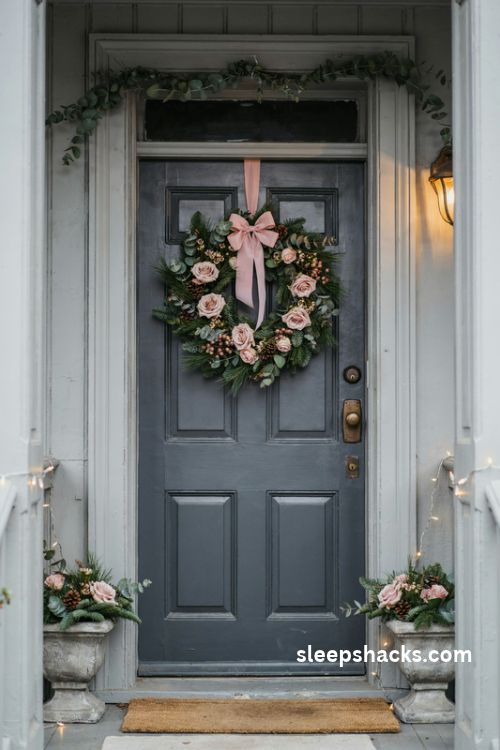 Blush pink Christmas wreath with pale roses satin bow and evergreen branches on a dark front door