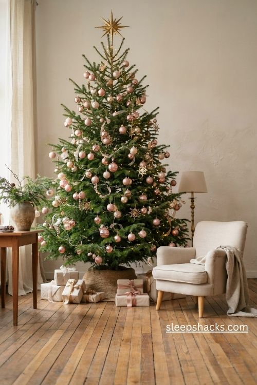 Blush pink and antique gold Christmas tree with a gold starburst topper
