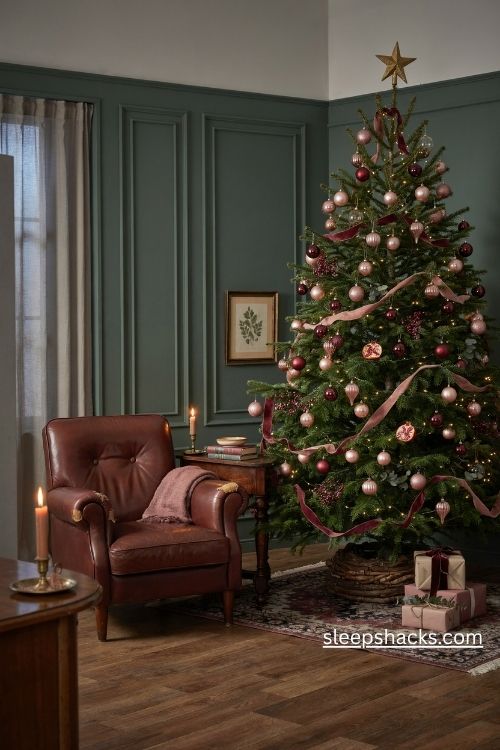 Blush pink and burgundy Christmas tree with velvet ribbon and warm golden lights