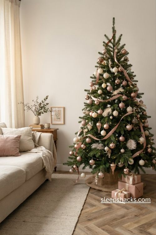 Blush pink and champagne gold Christmas tree with dusty rose satin ribbon