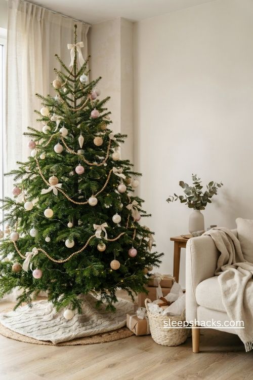 Blush pink and cream neutral Christmas tree with wooden beads and knitted tree skirt