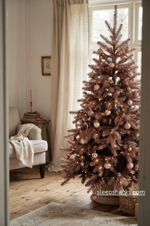 Blush pink and gold christmas tree glowing with warm white lights in a cozy elegant living room